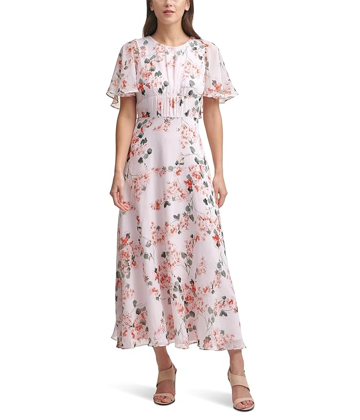 Calvin Klein Midi Chiffon Dress with Flutter Sleeves | Zappos.com