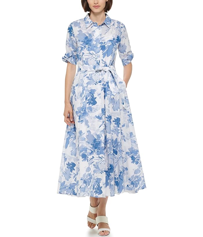 Calvin Klein Cotton Shirt Dress with Short Sleeve Tie Detail | Zappos.com