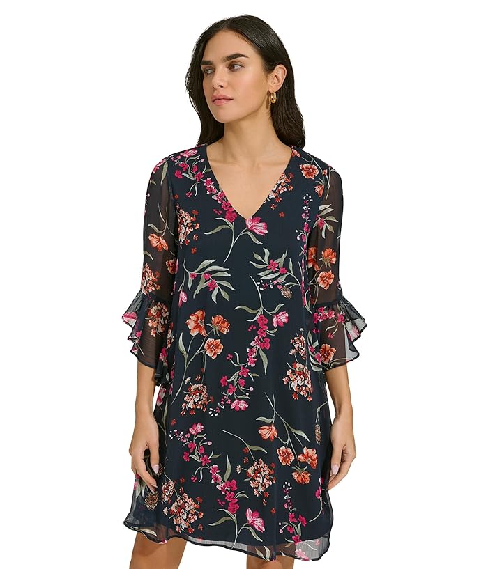 Calvin Klein Short Chiffon Dress with Bell Sleeves | Zappos.com