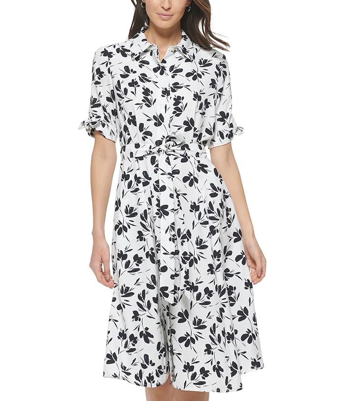 Calvin Klein Dot Crepe Shirt Dress with Short Sleeve Tie Detail | Zappos.com