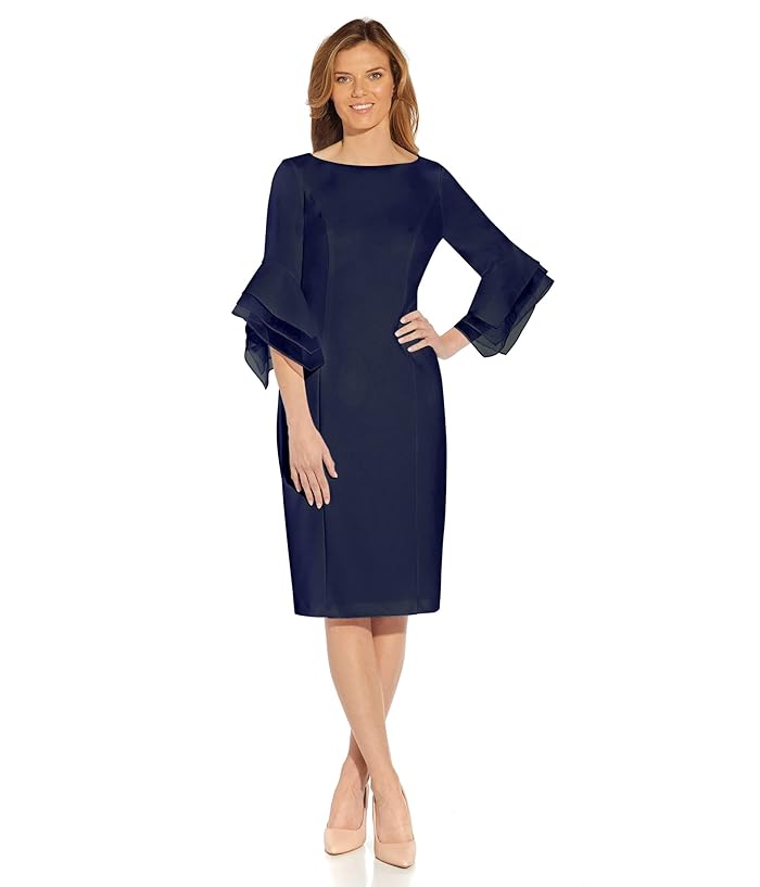 Adrianna Papell Stretch Knit Crepe Sheath Dress with Tiered Organza Bell Sleeve | Zappos.com